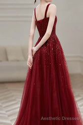 Burgundy Prom Dresses A line Straps Tulle Evening Dresses